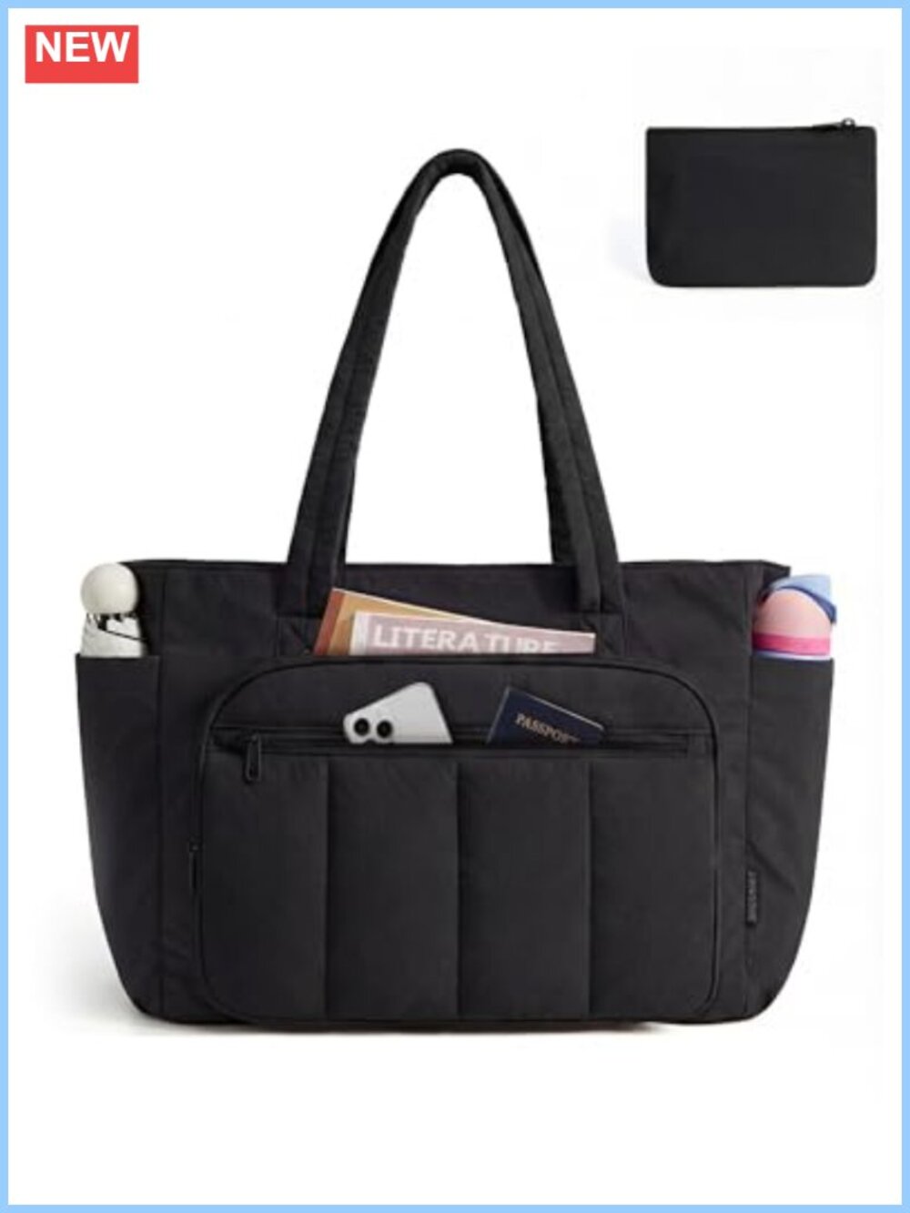 Quilted Nylon Tote Bag Set with Zipper and Pouch, 20L Work Travel